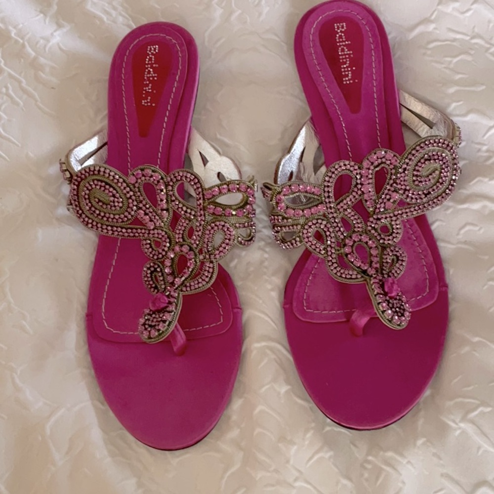 Pink JEWELED SATIN sandals 39 8.5 BALDININI absolutely stunning jewel work
